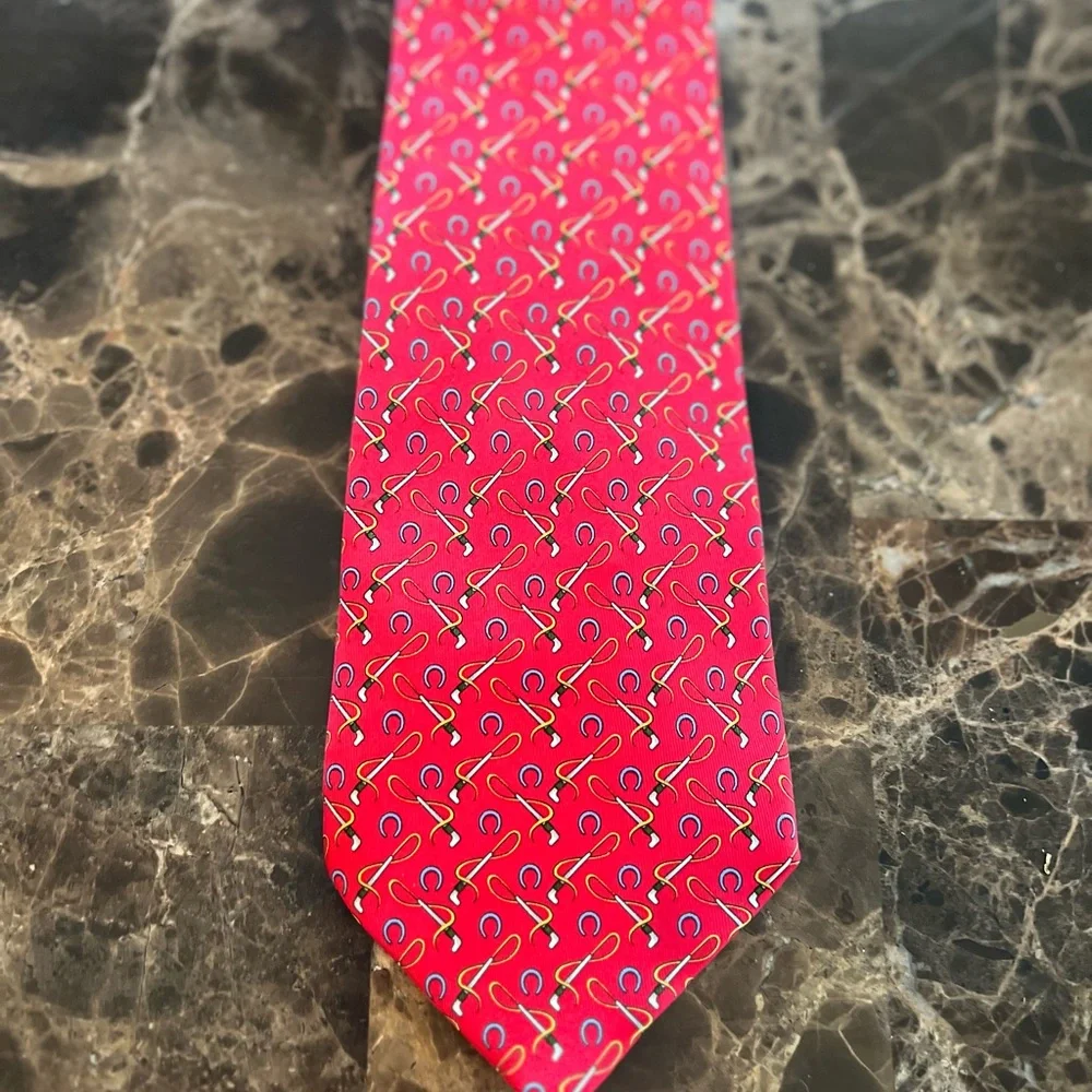 Salvatore Ferragamo Silk Tie Horseshoe Riding Crop Equestrian Novelty Red - Picture 5 of 10